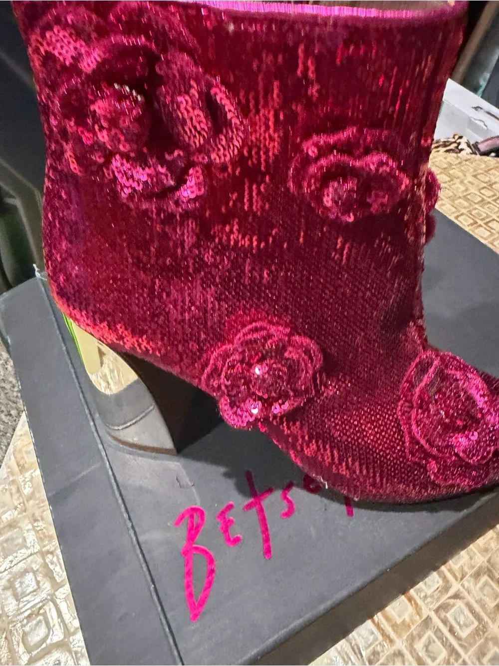 Betsey Johnson Deep Pink Velvet Sequin Floral Ankle Boots